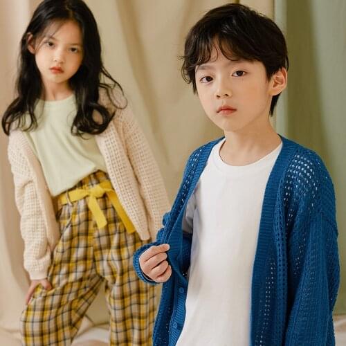 Childrens Sweater Cardigan 2021 Spring New V Neck Hollow Out Knitted Cadigan For Boys Girls Kids Thin Light Casual Sweater Coat