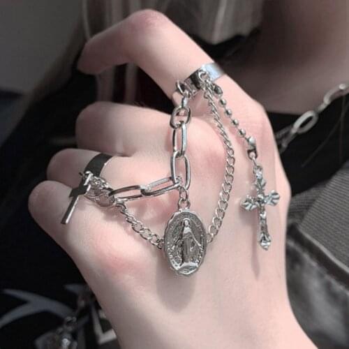 IPARAM Punk Cross Virgin Mary Chain Open Ring Female Rock Hip Hop Silver Color Cross Adjustable Ring 2021 Fashion Jewelry Ring