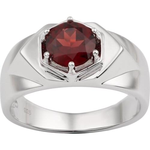 Red Garnet Men Ring 925 Silver Band 7.5mm Crystal Gemstone 6-prong Design Jewelry January Birthstone Birthday Gift R515RGN