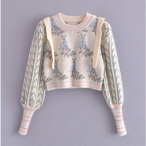 YENKYE Fashion Women Vintage Jacquard Pullover Sweater Mujer O Neck Long Sleeve Soft Autumn Winter Crop Top