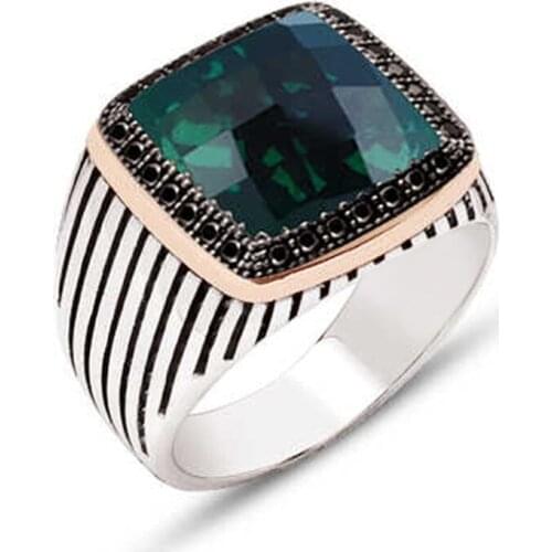 Silver Bevel Green Zircon Stone Embellished Stripe Case Men 'S Ring