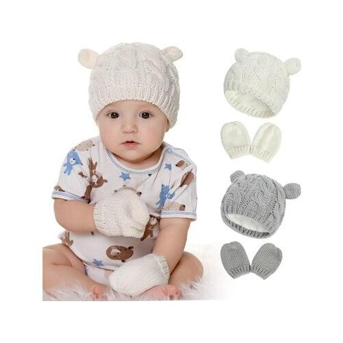 New Baby Kids Girls Boys Winter Warm Knit Hat Ear Solid Warm Cute Glove 2pcs Lovely Beanie Cap 0-18M