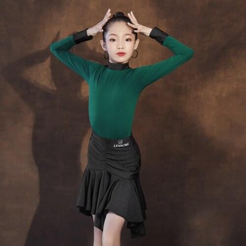 2021 New Green Long Sleeved Black Skirts Suit Chacha Smaba Tango Latin Dance Clothes Performance Costumes Latin Dress DQS7879