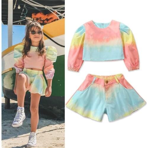 1-6Y Kids Baby Girls Clothes Set 2021 Summer Fall Children Tie-Dye Print Puff Sleeve Crop Tops + Wide Leg Shorts Fashion Outfits