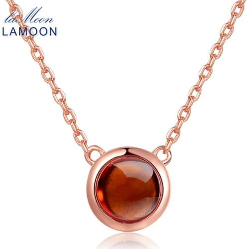 LAMOON Simple Round Necklace 1.2ct 100% Natural Orange Red Garnet 925 Sterling Silver Jewelry Pendant Necklace For Women LMNI026