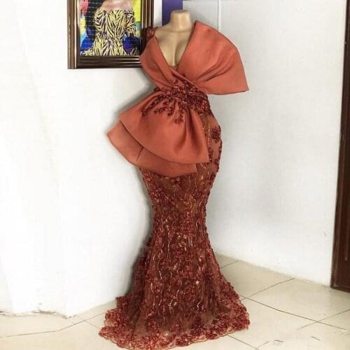Big Bow Style Prom Dresses Dark Red Plus Size Mermaid Evening Gowns Satin And Lace African Formal Party Dress