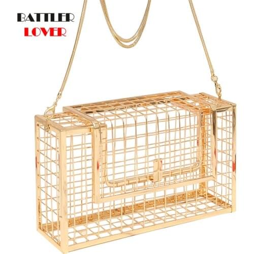 Hollow Out Clutch Bird Cage Shape Women Handbag Tote Girls Top-Handle Metal Purse Fashion Party Pouch Evening Bag