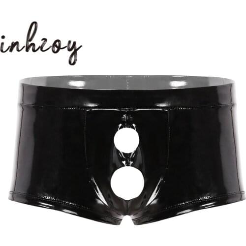 Mens Black Patent Leather Hot Sexy Lingerie Underpants Low Rise Bulge Pouch Crotchless Boxer Shorts Male Gay Erotic Underwear