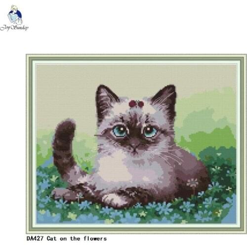 Needlework 14CT 11CT Counted Printed On Canvas Cross Stitch Schemes Cat on the flowers DIY Handmade Crafts Home Decoration