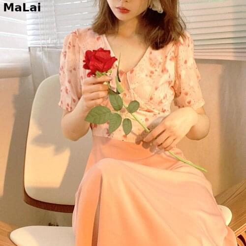 Evening Party One Piece Dress Korean Elegant Midi Dress Female 2021 Summer Women Casual V-Neck Short Sleeve Vintage Floral Dress