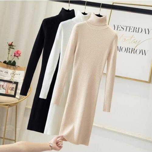 Knitting Long Women Turtleneck Sweater Dress Winter Korean Thick Pullover Slim Fit Solid Color Vestido Vintage Moda Mujer 2020