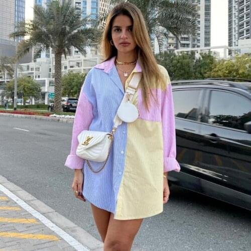 Autumn New Fashion Women’s Button Down Oversized Shirts Casual Long Sleeve Striped Print Color Block Loose Women Shirt Tops 2021