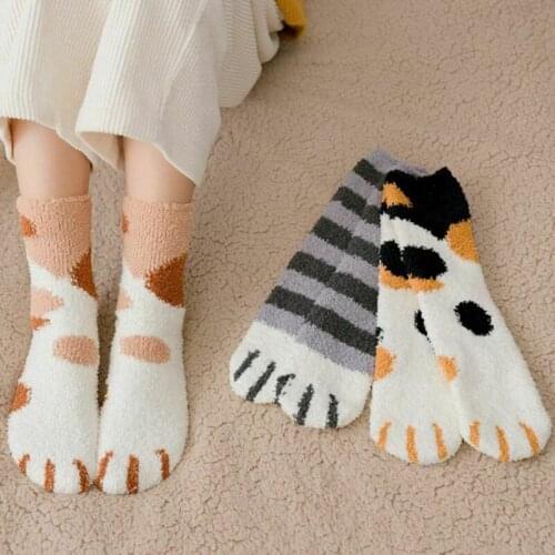 Women Coral Fleece Socks Cat Claws 1 Pair of Plush Cute Thick Warm Sleeping Autumn Winter Floor Sleep Socks Female Tube Socks