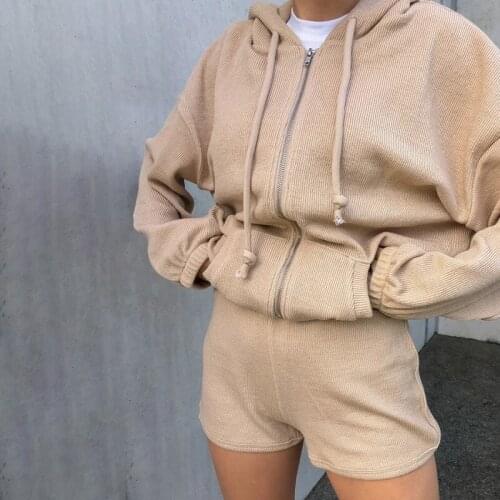 Woman Two Pieces Clothes Sets Hooded Sweatshirts with Elastic Waist Shorts Casual Jogging Sports Sets Solid Pink and Khaki Color