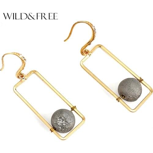 WILD & FREE Women Vintage Gray Round Natural Stone Drop Earrings Gold Zinc Alloy Hollow Out Rhinestone Dangle Earrings Jewelry
