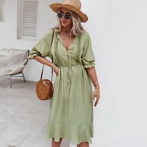 Hollow Out Midi Dress Women 2021 Summer A Line Puff Sleeve Button Up V Neck Lace Up Ladies Casual Elegant Holiday Dresses
