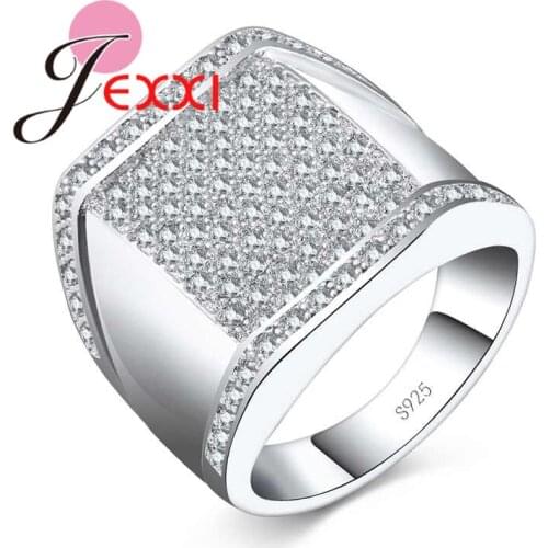 Punk Wide Design Paved Micro White Crystal Finger Rings 925 Sterling Silver Rings for Women Birthday Party