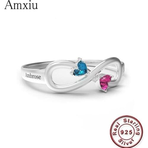 Amxiu Personalized Promise Ring For Her Women Double Birthstones Engagement Rings 925 Sterling Silver Engraved Name Ring Jewelry