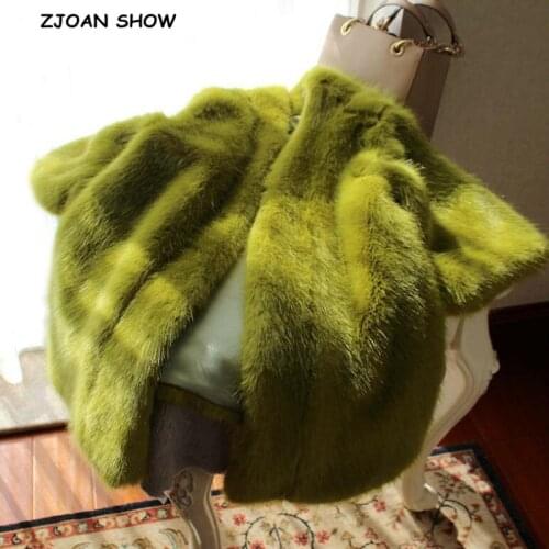 Oversize 2019 Winter V neck Hairy Shaggy Faux Mink Fur Coat Mustard green 3/4 Sleeve Furry Faux Fur Long Women Jacket Outerwear