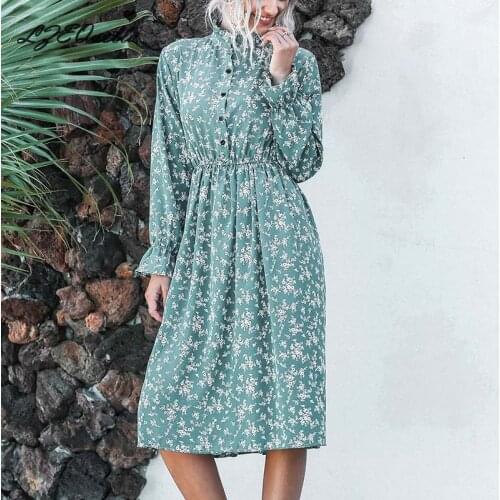LZEQuella Floral Print Boho Chiffon Long Dress Women Elegant Spring Autumn Flare Sleeve Party Dresses Vestidos NZ2666