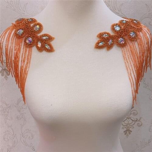 2pcs Details of wedding party rhinestone crystal shoulder pad applique with fringe