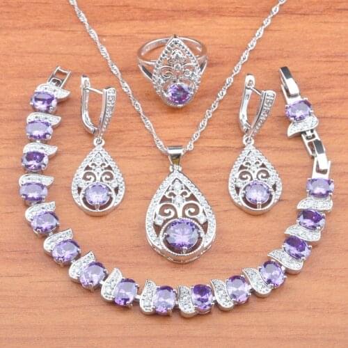 2020 New Silver plated Jewelry Sets For Women Birthday gifts Purple Crystal Earrings Ring Pendant Bracelet JS0746