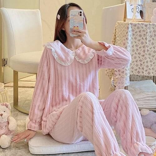 2021 Winter Thick Warm Long Sleeve Flannel Pajama Sets Women Korean Coral Velvet Sleepwear Pyjamas Homewear Pijama Mujer Clothes