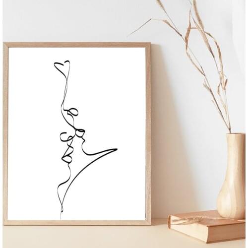 Abstract Couple Kiss Single Line Drawing Print Love Black White Wall Art Canvas Painting Decor Poster Romantic Gifts Bedroom