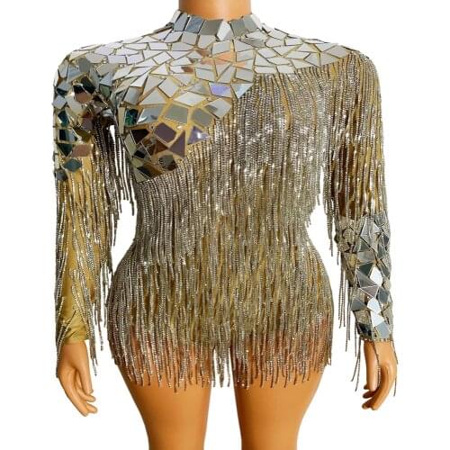 Sparkly Mirror Rhinestone Chain Bodysuit Birthday Celebrate Backless Costume Evening Women Dancer Fringes Bodysuit