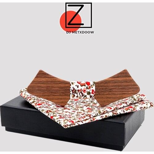 Printing Floral Personality Wood Bow Ties Hanky Set for Mens Wedding Suits Business Wooden Bowtie Hadkerchief Cotton 15 Color
