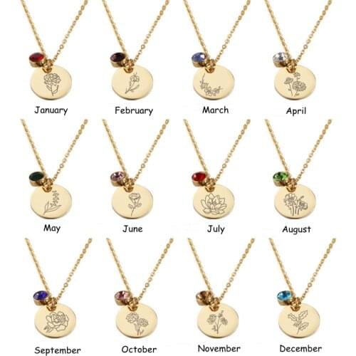 Birth Month Flowers Clipart Floral Discs Stainless Steel Pendant Necklace birthstone Personalized Birthday Gift for Her for Mom
