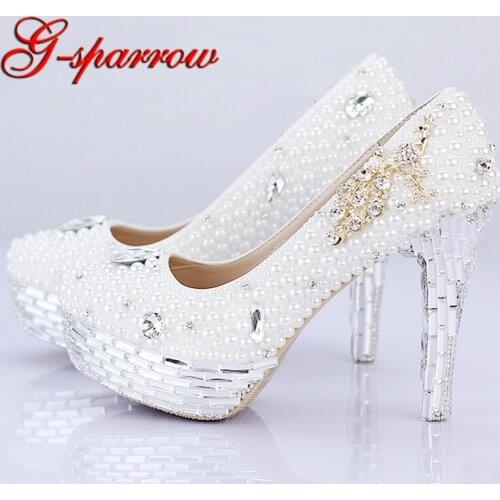 Ladies High Heel Handmade Fashion White Pearl Wedding Shoes Rhinestone 100% Designer Bridal Dress Shoes Silver Crystal Heel