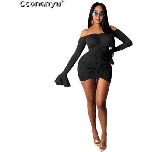 Women Elegant Bandage Dress Sexy Sashes Slash Neck Flare Sleeve Solid Slim Dress Bodycon Party Dress vestido feminino