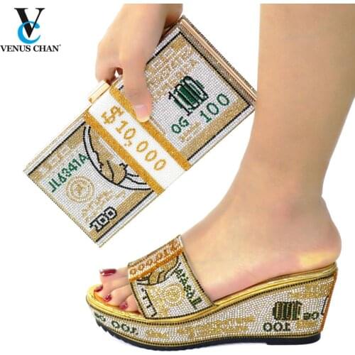 Italian Design Golden Color Special Fullness of Rhinestone Style Elegant Nigerian Women Shoes and Bag for Party