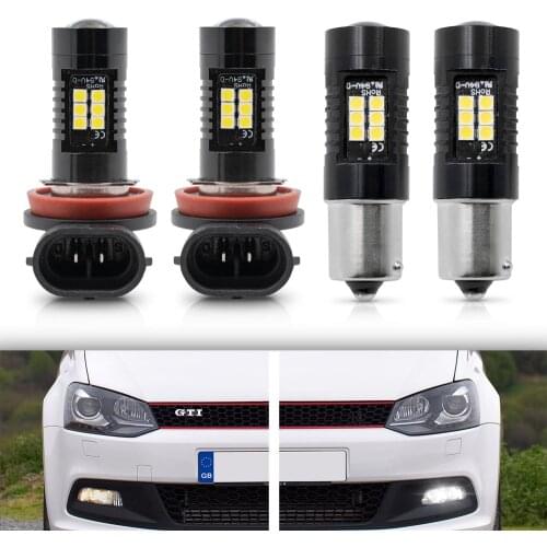 2Pc P21W 1156 BA15S DRL LED Daytime Running Light + 2pc LED Foglight Bulb For 09-17 VW Polo Mk5 Gti Hatch 6R 6C 61 Update White