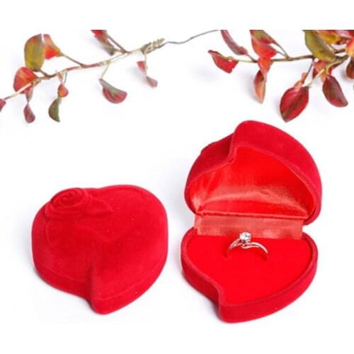 Red Heart Shape Velvet Ring Box Jewelry Display Rose Flower Design Gifts Engagement Wedding Fashion Jewelry Boxes and Packaging