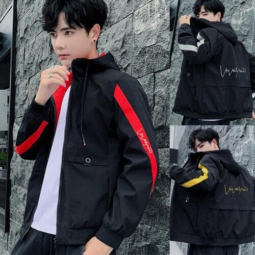 Fashion Men Long Sleeve Zip Pockets Letters Print Hooded Jacket Coat Outerwear