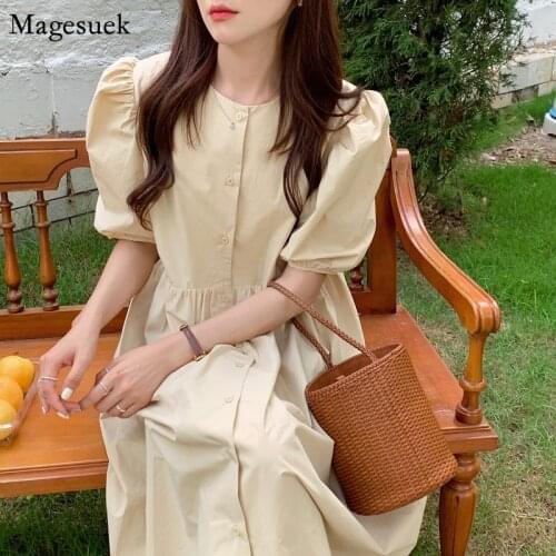 Puff Sleeve Single-Breasted Dress Woman Korean Solid Mid-Length Dress Summer 2021 Fashion Loose Elegant Dresses Vestidos 15382