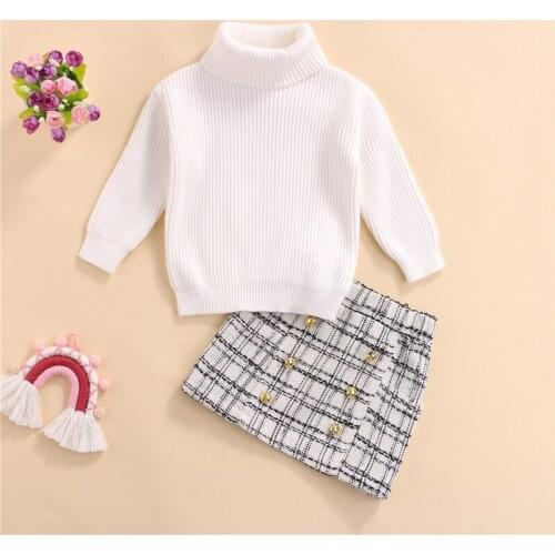 2 Pcs Infant Casual Outfits, Girls Solid Color Long Sleeve Turtleneck Sweater + Plaid Skirt with Buttons 1-7Years