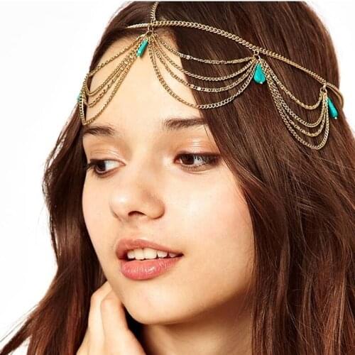 Wholesale Women Girl Headpieces for Wedding Party Adjustable Bohemian Long Tassels Chain Crystal Headband Hair Ornaments