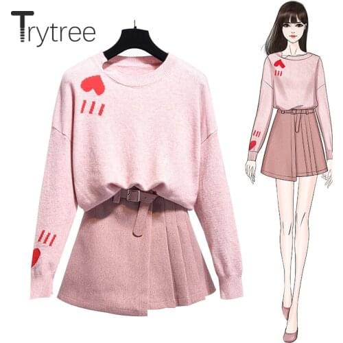 Trytree 2020 Autumn Winter Two Piece Set Casual O-neck Love Solid Loose Top + Skirt Pleated Belt Mini Office Lady 2 Piece Set