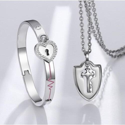 Couple Lovers Puzzle Titanium Steel Love Heart Lock Bangle Key Pendant Necklace X7JB