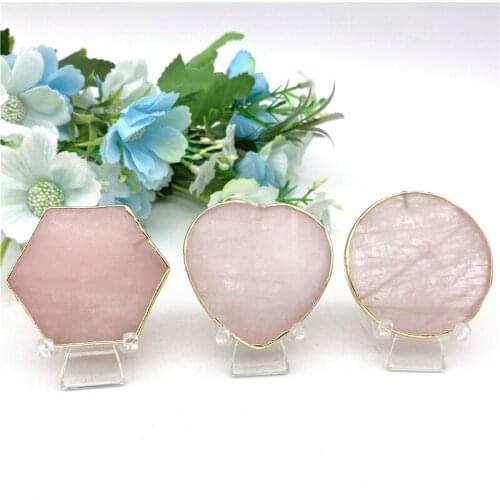 NEW Natural Rose Quartz Coaster Hexagon Round Heart Shaped Crystal Platter Jewelry Cup Mat Display Natural Stones and Crystals