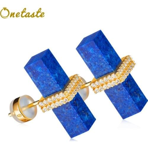 Simple Blue Lapis Lazuli Zircon 925 Silver Earrings For Women Fashion Gold Plated Geometric Natural Stone Earring 2021 New Trend