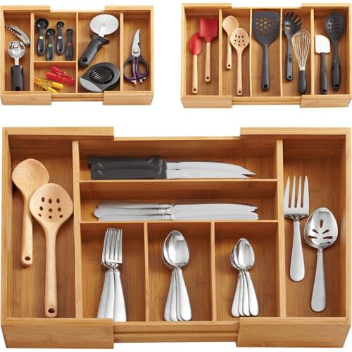 Expandable Bamboo Cutlery Organizer Eco Kicthen Storage Box Adjustable Utensil Drawers Knife/Spoons Storage Holders Multi-Use