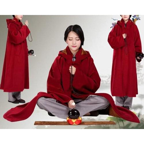 Unisex 4color red/gray Winter warm buddhist shaolin monk meditation cloak Ponchos cape robe buddha suits zen lay clothing