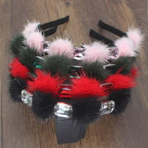 New genuine fur pomp white red green black crystal elegant women headband fashion women romantic winter hair accessorie