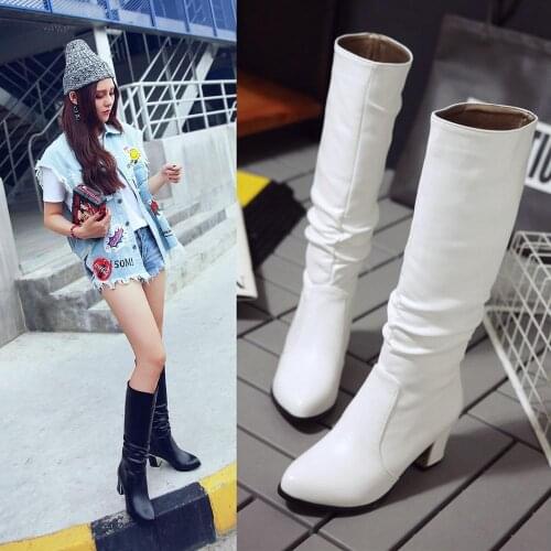 Knee High Women Boots Round Toe Pu Short Plush Footwear High Heels Female Boots Black white Plus Size 33-43