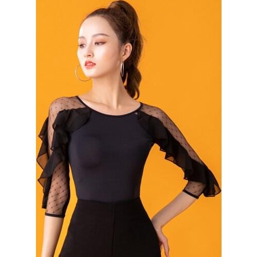 New Latin Dance Tops Sexy Mesh Lotus Leaf Long Sleeve For WomenS Dance Costume Ballroom Samba Rumba Waltz Practice Shirt DL5888