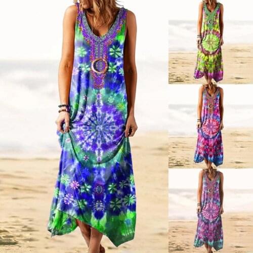 Women Bohemian Sundress Sleeveless Ethnic Print V Neck Large Hem Loose Maxi Dress Elegant Party Beach Dresses Casual Vestidos